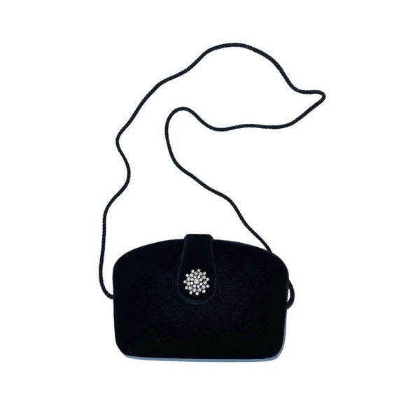Vintage Velvet Purse Clutch Bag Rhinestone Bling Closure Crossbody Strap Black - Picture 1 of 7